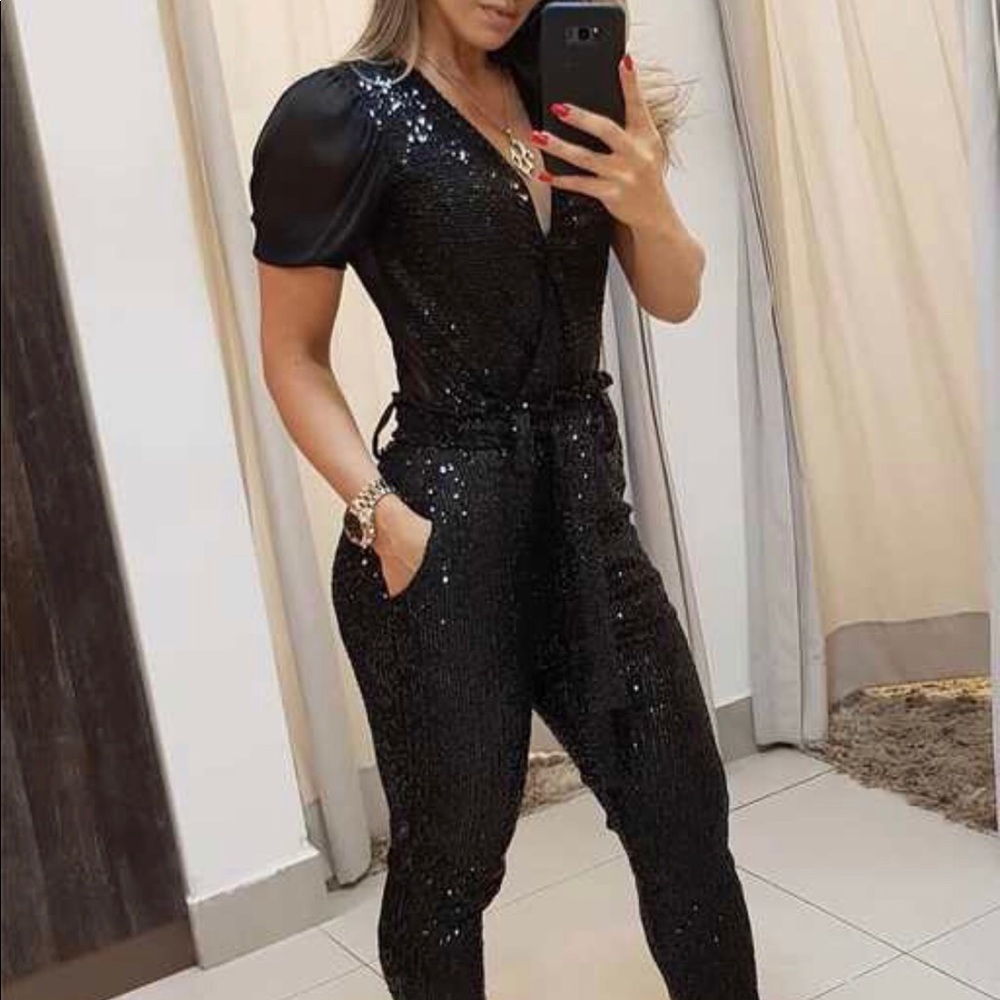 Sexy Stylish Black Sequins Belted Jumpsuit